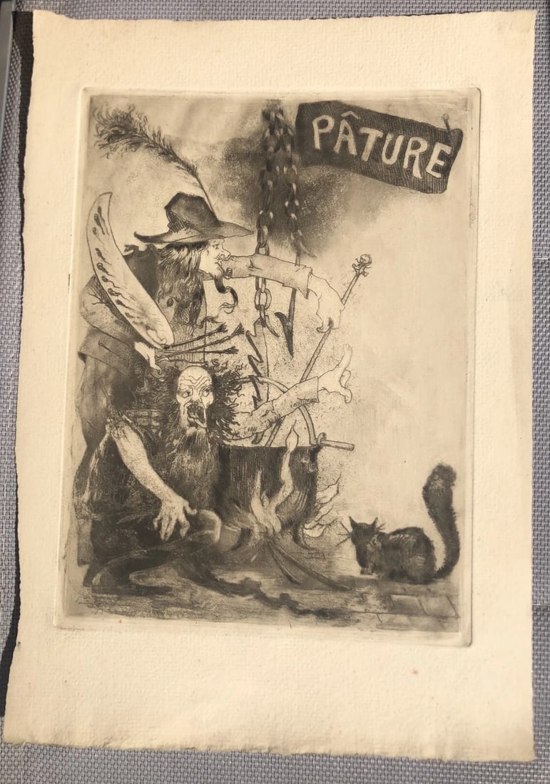 Man, Pature, Cat, Wishcraft - Etching Antique Original - 2