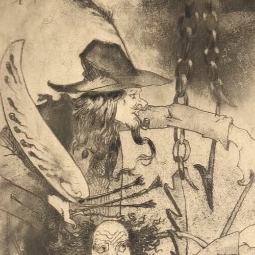 Man, Pature, Cat, Wishcraft - Etching Antique Original - 4