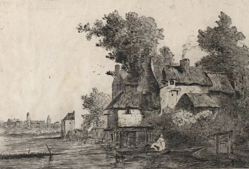 Antique Etching Original Landscape, Tree, Man, House, Boat: Title: Antique Etching Original Landscape, Tree, Man, House, Boat Description: Engraving on paper 25 x 32 cm stains, folds Reserve: $120.00 Shipping: Domestic: Flat-rate of $29 to anywhere