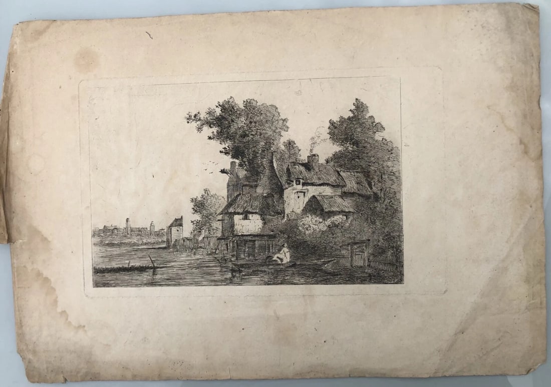 Antique Etching Original Landscape, Tree, Man, House, Boat - 2
