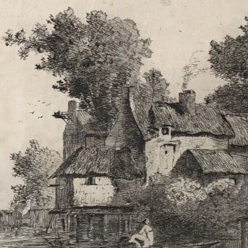 Antique Etching Original Landscape, Tree, Man, House, Boat - 4