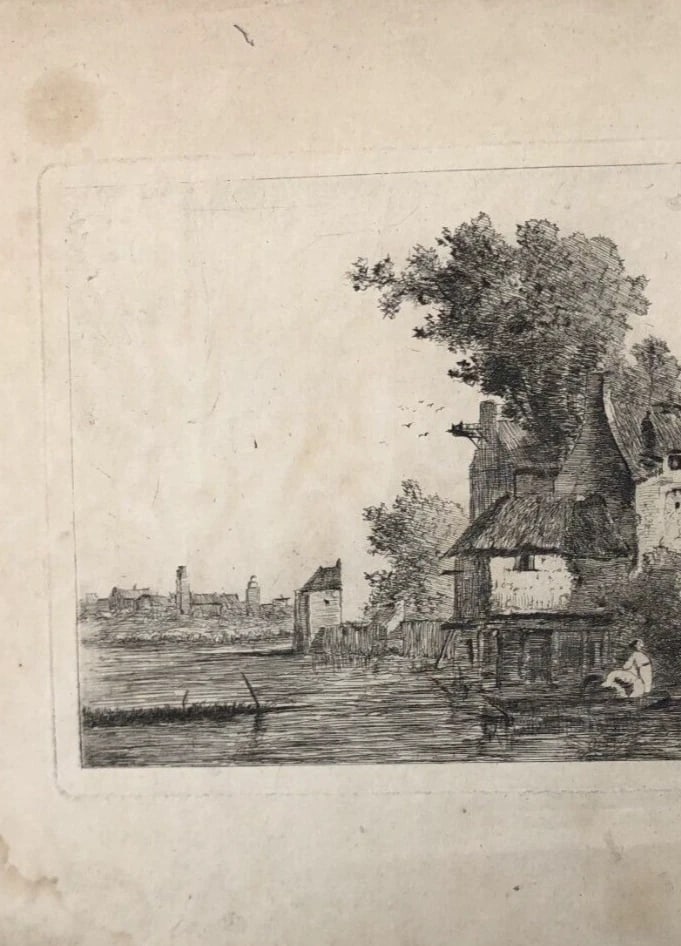 Antique Etching Original Landscape, Tree, Man, House, Boat - 5