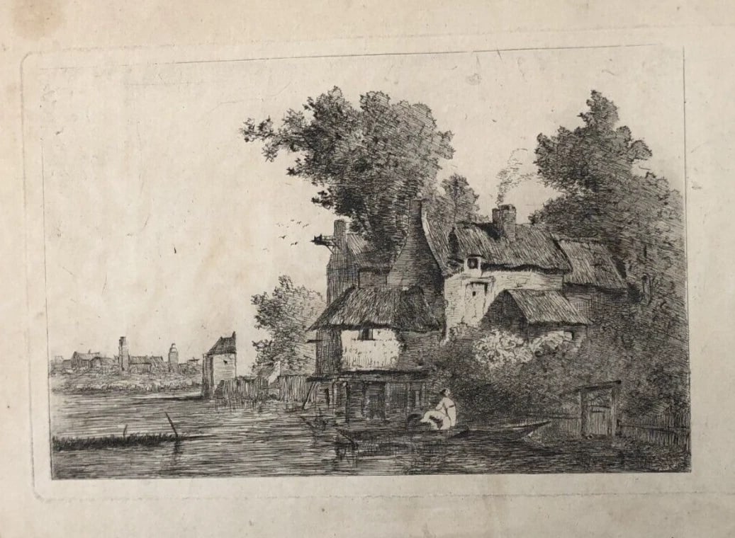 Antique Etching Original Landscape, Tree, Man, House, Boat - 7