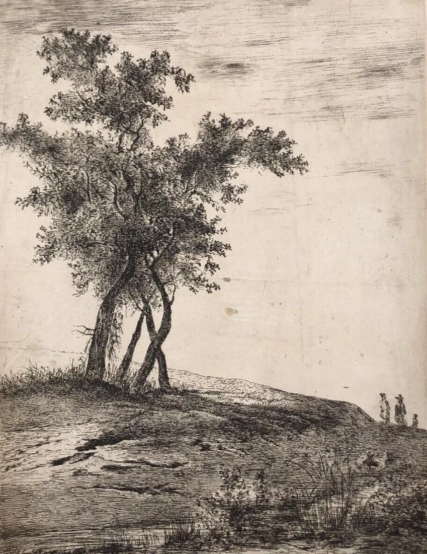 Antique Etching Original Landscape, Tree, People: Title: Antique Etching Original Landscape, Tree, People Description: Engraving on paper 28 x 20.5 cm stains, folds Reserve: $120.00 Shipping: Domestic: Flat-rate of $29 to anywhere within t