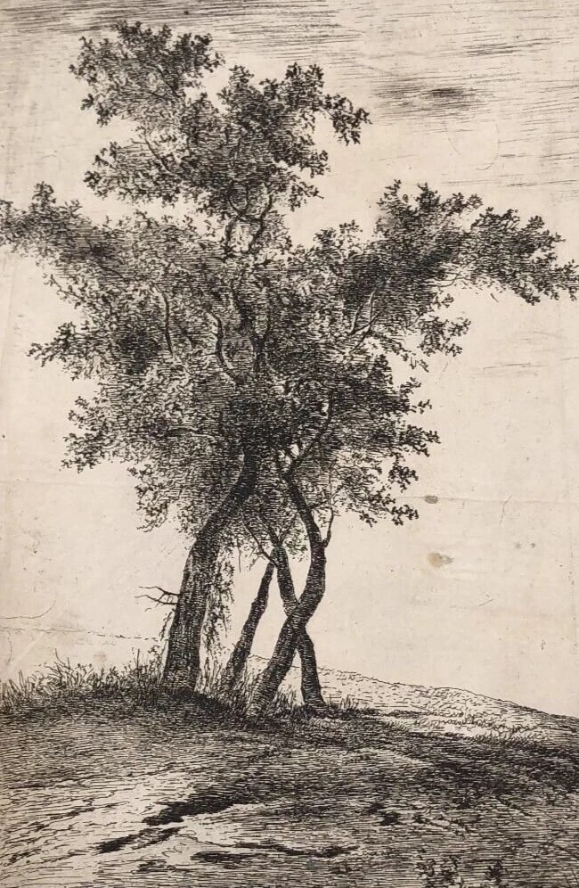 Antique Etching Original Landscape, Tree, People - 3
