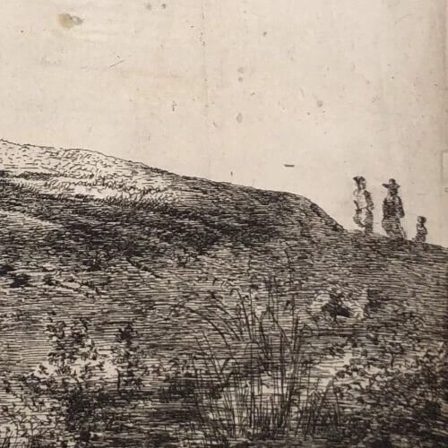 Antique Etching Original Landscape, Tree, People - 4