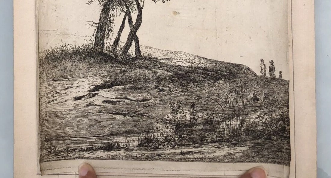 Antique Etching Original Landscape, Tree, People - 6