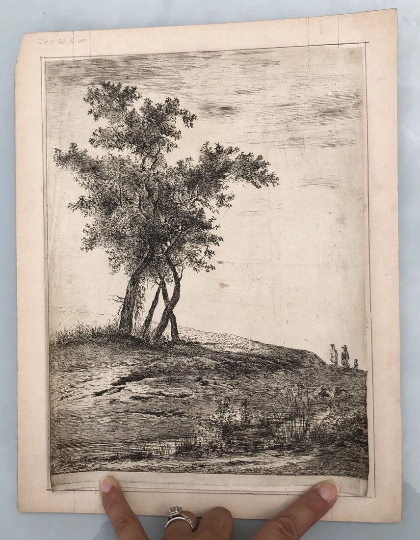 Antique Etching Original Landscape, Tree, People - 7