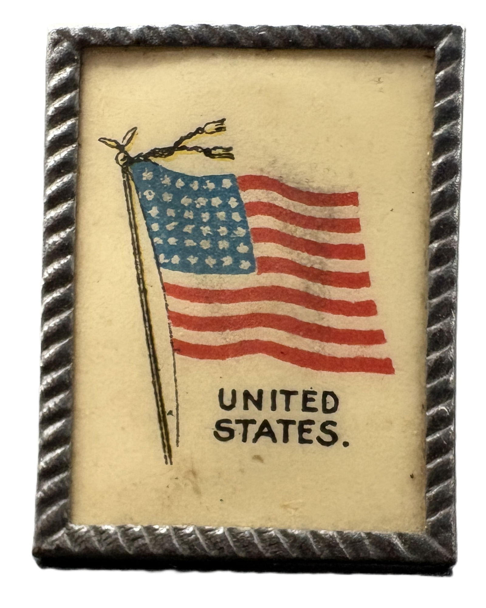1898 Sweet Caporal Cigarettes Framed US Flag Premium Easel Back: Date/Period: late 1800'sDimension: Approx .75" x .75"Material: mixed materialsAdditional Information: 1898 Sweet Caporal Cigarettes Framed US Flag Premium Easel Back Shipping:Domestic: Flat-rate of