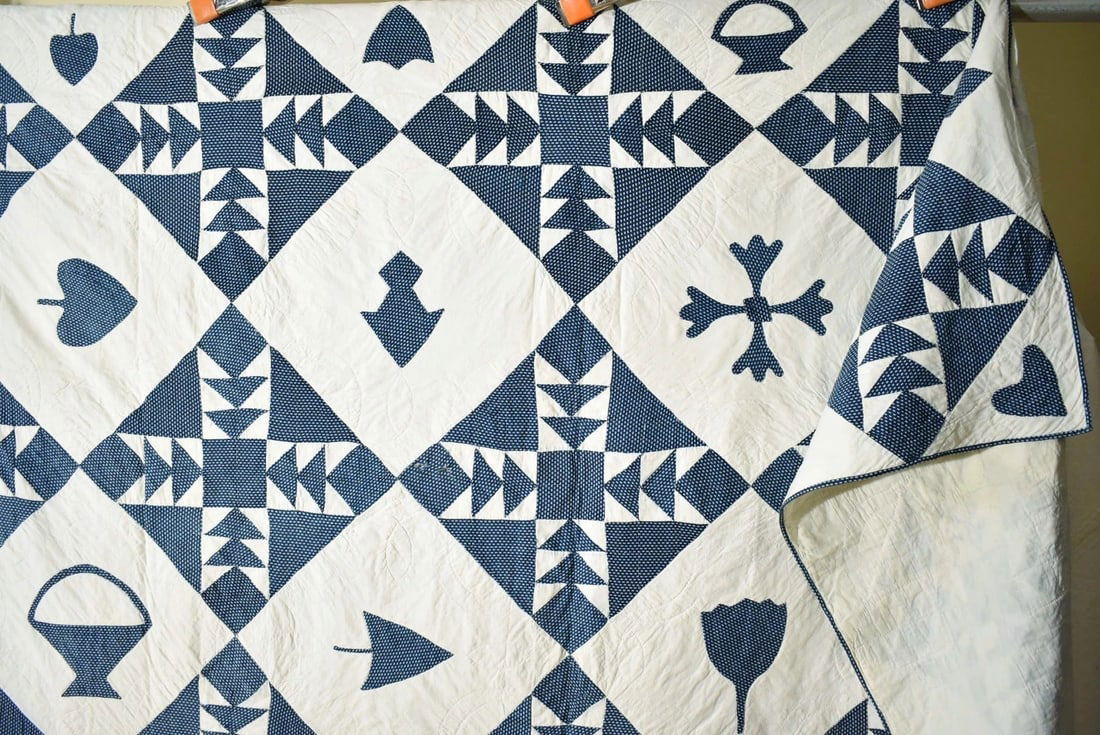 Rare 1850's Indigo Blue & White Quilt - 10