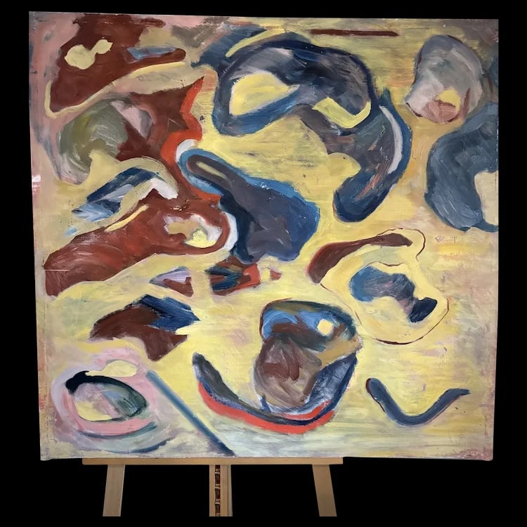 Vintage oil on canvas midcentury Abstract painting by Levatino: Abstract expressionist oil painting on 35-inch square canvas with thick brushstrokes and vibrant colors. Shipping:Domestic: Flat-rate of $40.00 to anywhere within the contiguous U.S.International: