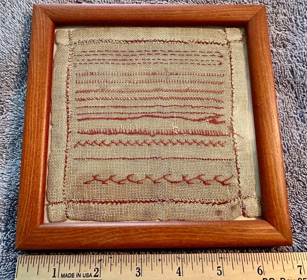 19th Century Needlework Practice Piece: A most unusual “Needlework Practice Piece” in which a young girl (most likely) learned how to make the various needlework stitches. There are 9 or 10 different kinds of stitches