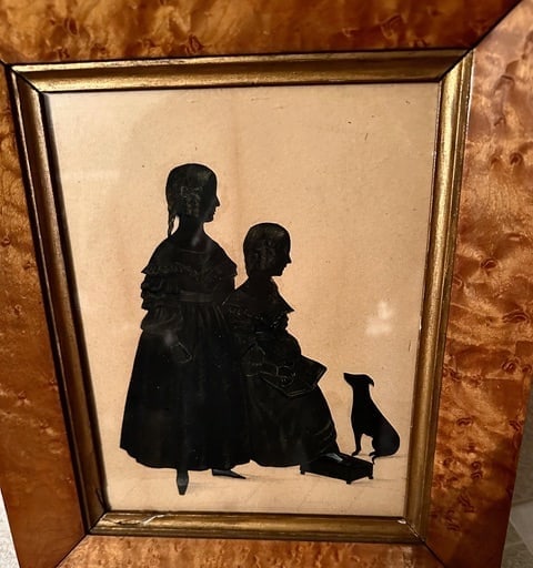 19th C. Cut Silhouette of 2 Girls & Dog - 2