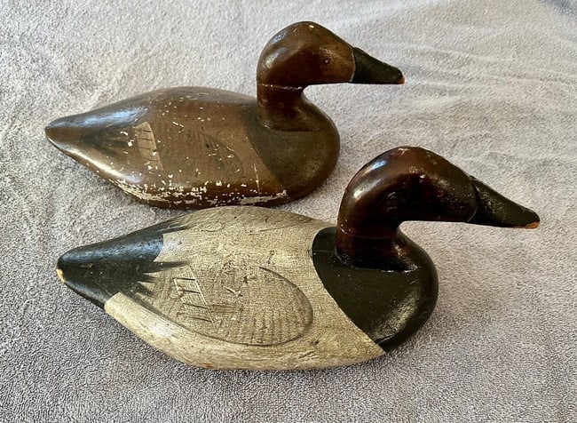 Pr. of Bob McGaw Chesapeake Bay Decoys: This pair of Canvasback Duck Decoys is purportedly by master Chesapeake Bay Carver Bob McGaw (1879-1958) of Havre de Grace, Maryland. McGaw was a well-known mid-20th century Maryland carver and his