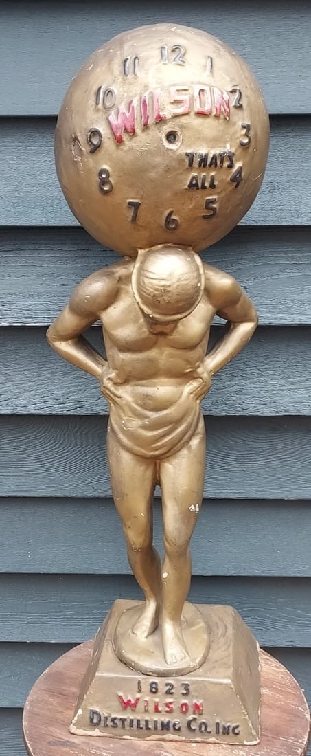 Wilson Liquor Atlas Advertising Clock distillery Co. 1920: Great looking piece in excellent condition. Great look to this piece . Made of paper. Globe measures 8" diameter and Clock is 30" tall. Shipping charges include insurance. Shipping:Domestic: