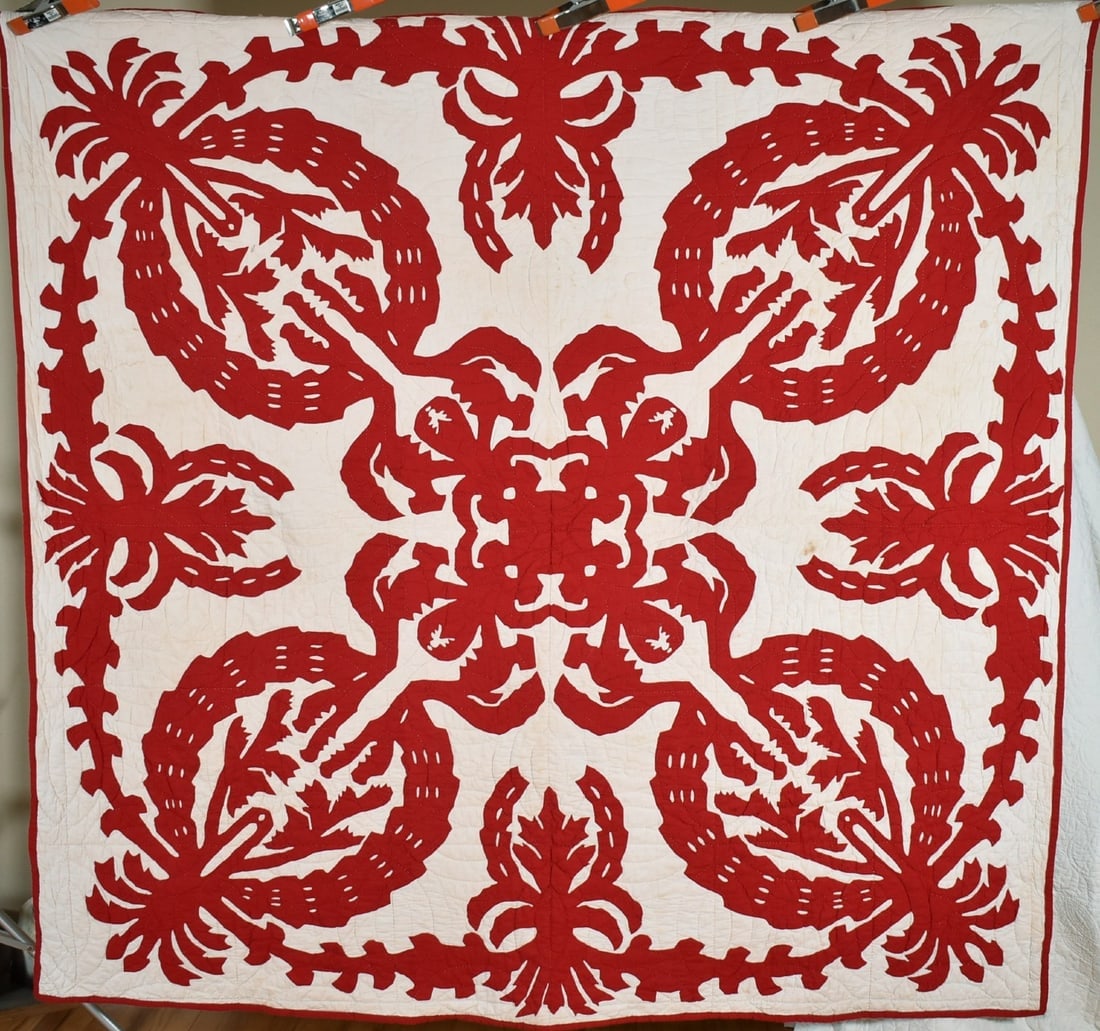 Rare 1890s Red & White Hawaiian Quilt: Title: Rare 1890s Red & White Hawaiian QuiltDate: 1890s Origin: HawaiiMaterial: CottonDimensions: 82" X 86"Additional Information: Cotton 1890's red and white "Nani Kauai O Ka Mokihana" applique