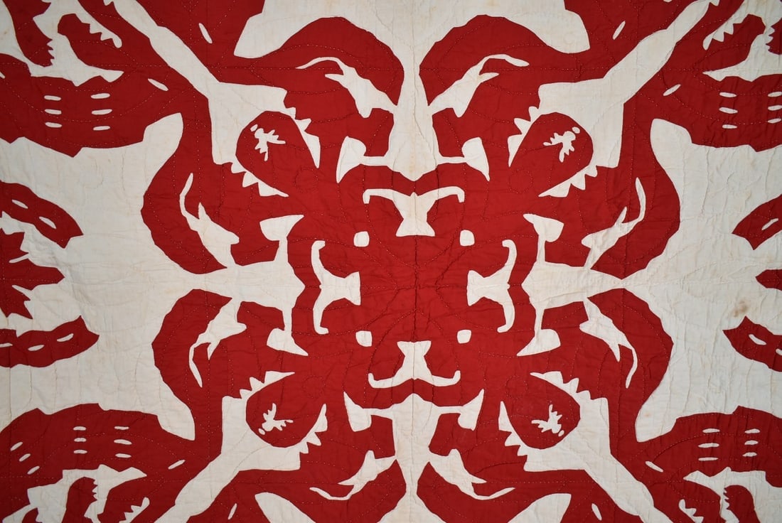 Rare 1890s Red & White Hawaiian Quilt - 2