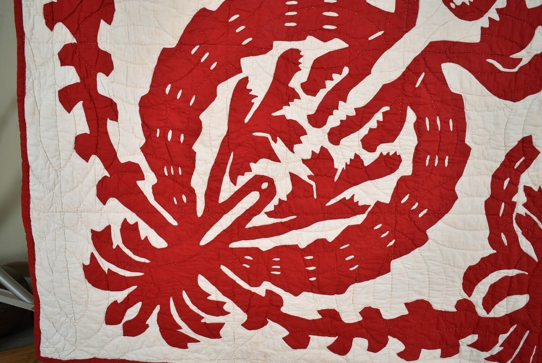 Rare 1890s Red & White Hawaiian Quilt - 3