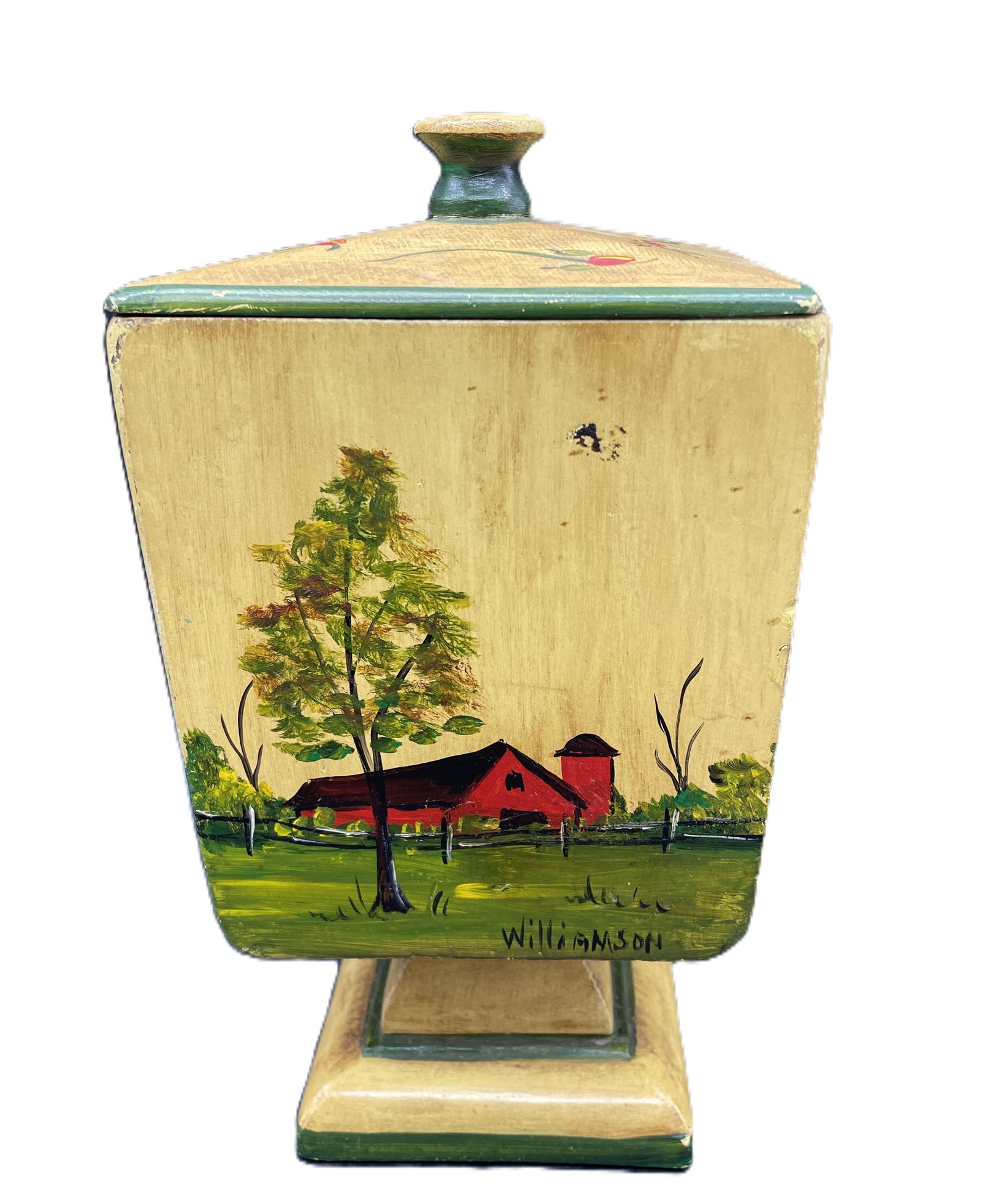 Primitive Folk Art Tole Painted Wood Pedestal Box W/ Lid Artist Sign: Date/Period: unknownDimension: Approx. 8.5" tall x 4.5 x 4.5 the plastic liner is 1.5 pintMaterial: woodAdditional Information: Primitive Folk Art Tole Painted Wood Pedestal Urn W/ Lid Artist Sign.