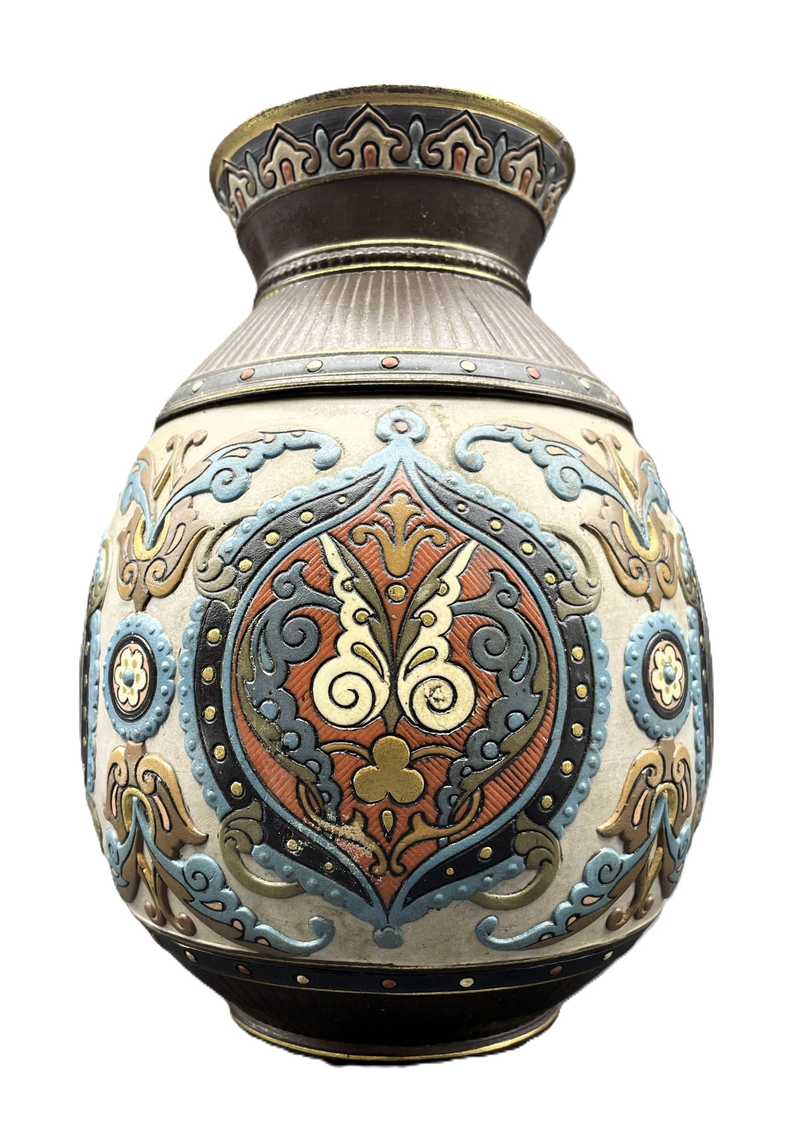 Large Antique METTLACH 1829 Villeroy & Boch Turquoise & Gold ART NOUVEAU Vase 9": Date/Period: unknownDimension: Approx. 9" tallMaterial: Additional Information: Lovely Mettlach 1829 vase, Art Nouveau style in stunning shades of turquoise, mocha, and caramel accented by gold