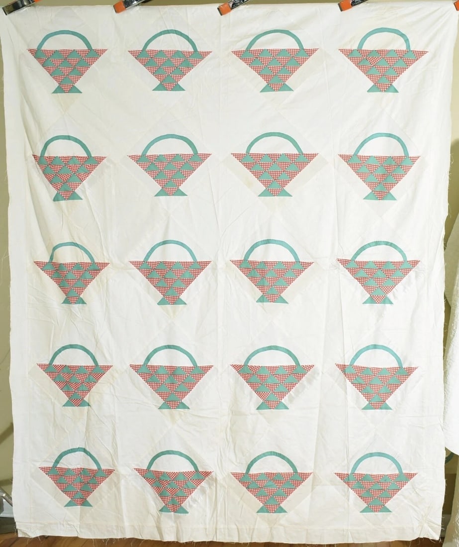 1930's Baskets Quilt Top: This wonderful cotton 20's/30's baskets quilt top has hand pieced blocks machine stitched together. It measures 68" X 80" and is in excellent, never washed condition, with a couple of small, faint spo