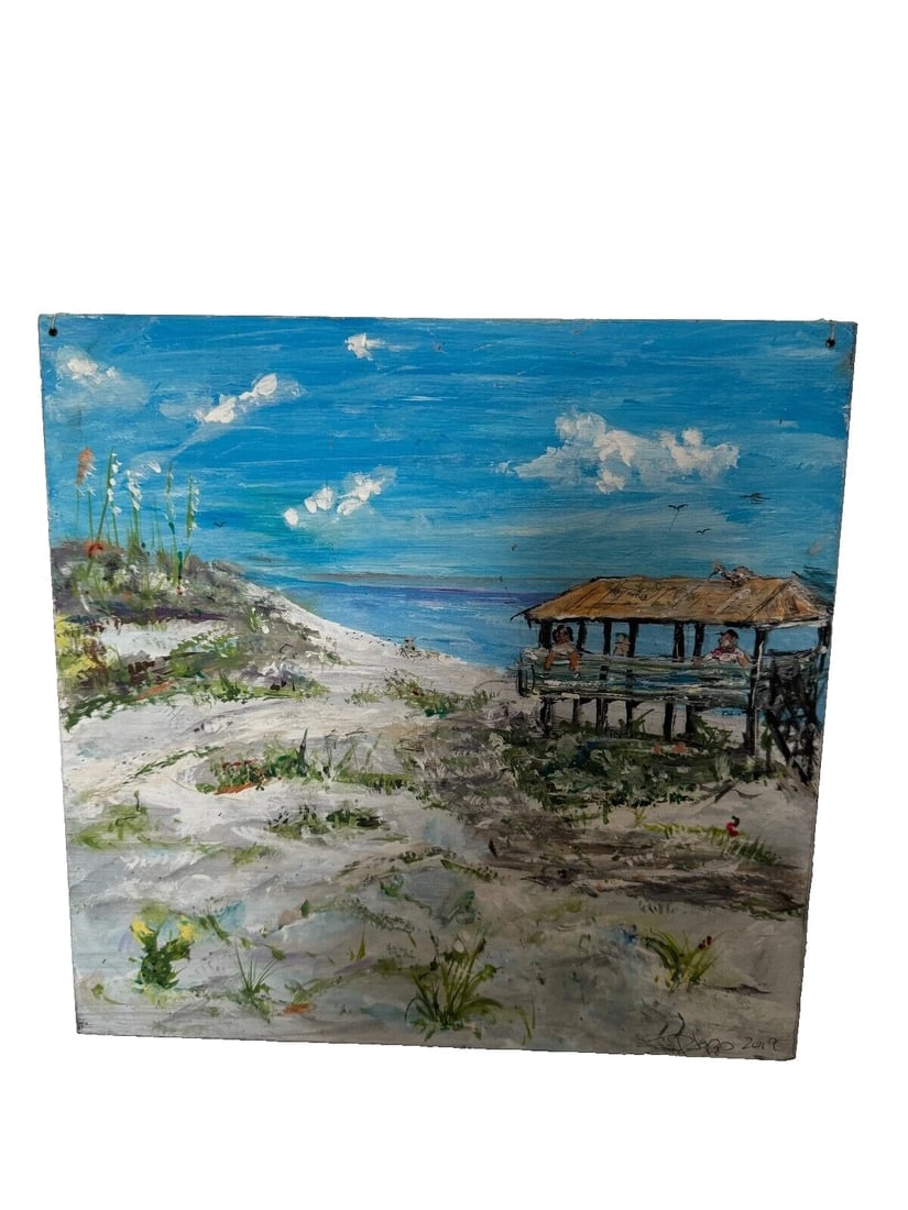 Vintage Original Oil Painting Sand Dunes Beach Sea Shore Seagulls Signed - 2