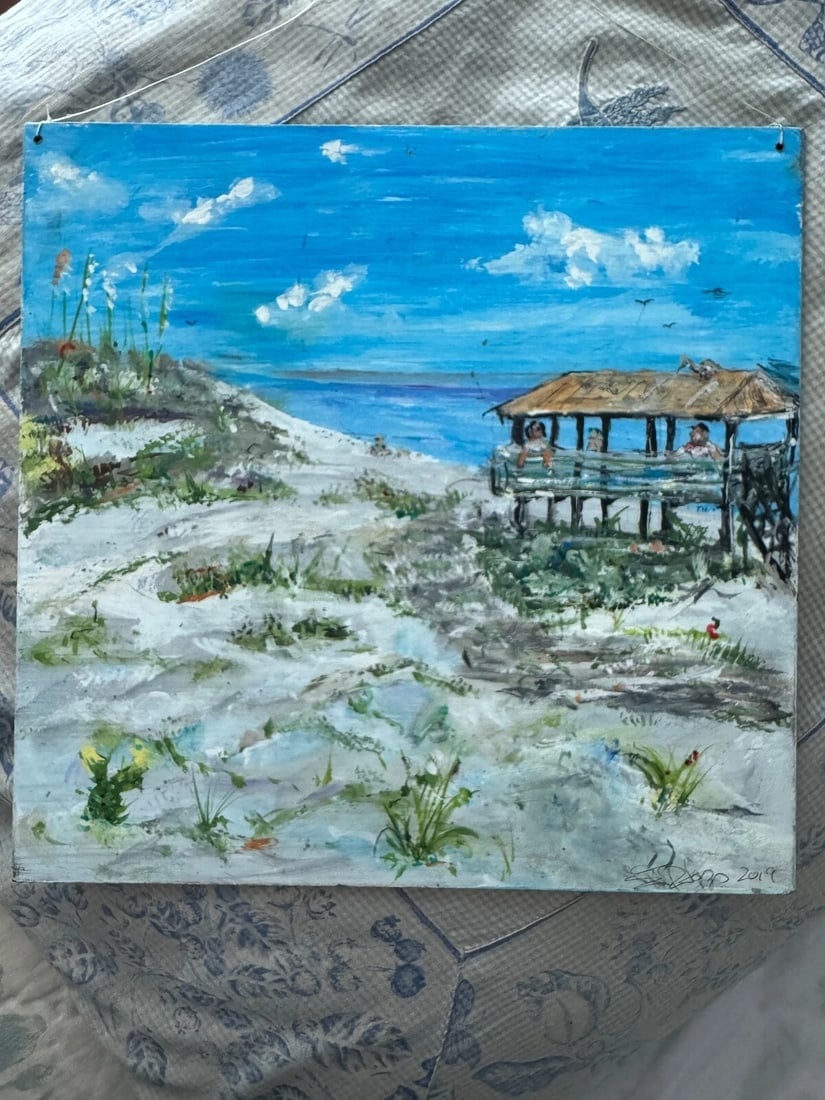 Vintage Original Oil Painting Sand Dunes Beach Sea Shore Seagulls Signed - 3