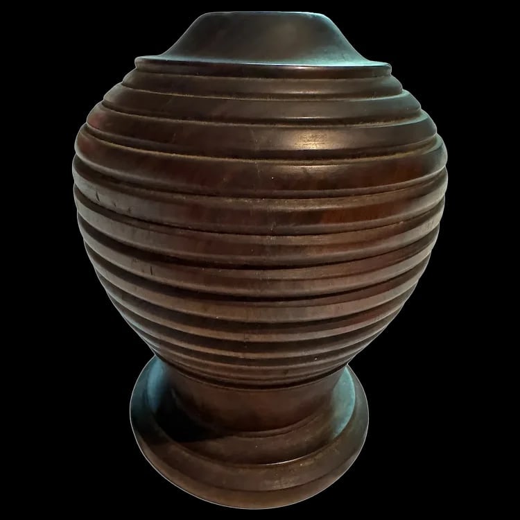 Vintage solid wood hand carved Vase Folk Art craft: Espresso-stained mahogany wood vase with a water-based varnish finish, handcrafted folk art. Shipping:Domestic: Flat-rate of $20.00 to anywhere within the contiguous U.S.International: Foreign