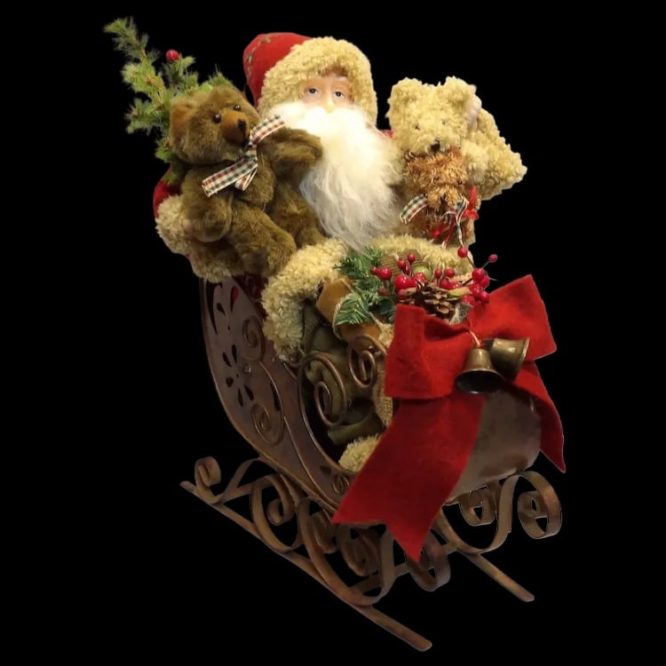 Vintage Santa Bears Tree Bow Metal Sleigh: Holiday centerpiece featuring Santa with bears, tree, and bow decoration in a metal sleigh. Approximately 17” tall. Item ID: ls009674. Shipping:Domestic: Flat-rate of $50.00 to anywhere within