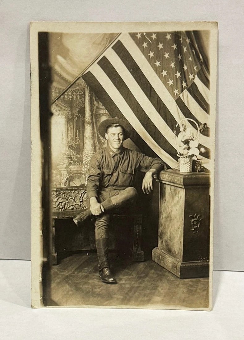 RPPC Real Photo Smiling Soldier in Uniform American Flag Patriotic Circa 1900 - 2