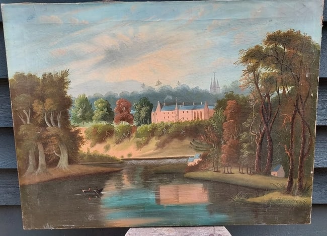 19th Century oil painting on canvas Castle On Lake: Great looking piece in excellent condition. Looks to be 19th century. Great colors. Measures approximately 19 x 25 1/4". Shipping charges include insurance. Shipping:Domestic: Flat-rate of $30.00 to