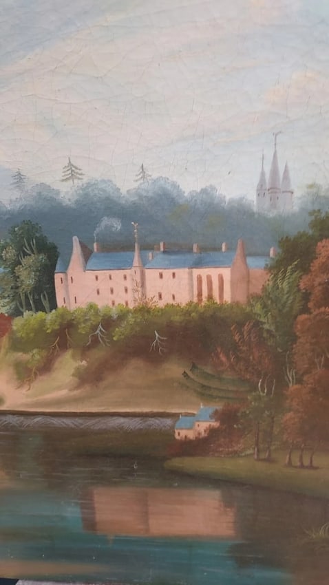 19th Century oil painting on canvas Castle On Lake - 2