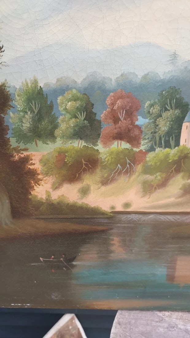 19th Century oil painting on canvas Castle On Lake - 3