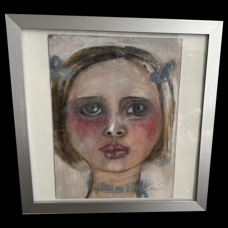 Just A Girl ~modern folk art portrait by Monique Bavaud oil painting: Modern folk art portrait painting by Monique Bavaud. Measures 9x11 inches (14 inches square including the frame). Shipping:Domestic: Flat-rate of $20.00 to anywhere within the contiguous