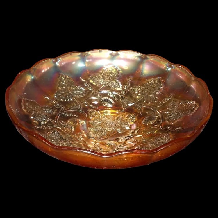 Rare Millersburg 8 1/4” Footed Strawberry Wreath Marigold Bowl: A rare Millersburg 8 1/4 inch footed bowl featuring the 'Strawberry Wreath' pattern in marigold carnival glass. It stands on three feet and is in excellent condition. Known for its 'radium'