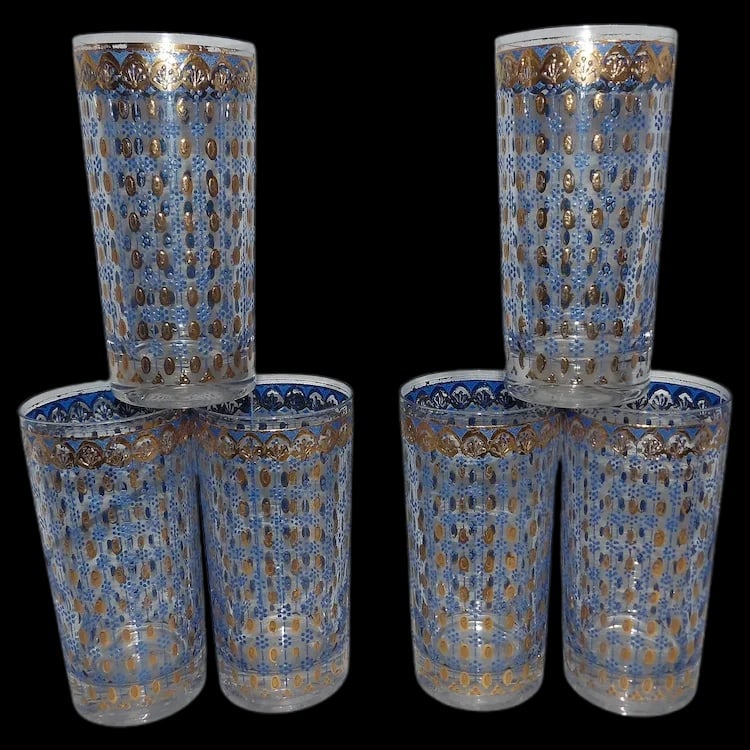 RARE Culver 22k Gold Blue Highball Glasses: Set of Culver highball glasses (12 oz) with 22k gold and blue accents. Rare collector's items showing minor vintage wear. Look great on display. Item ID: ls009605. Shipping:Domestic: Flat-rate of