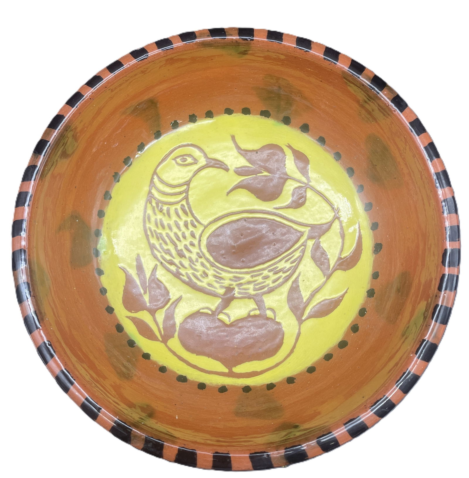 James Seagreaves JCS Glazed Redware Pottery PA Dutch Bowl: Date/Period: 1992Dimension: Approx. 7" diameter 2" deepMaterial: redwareAdditional Information: James Seagreaves JCS Glazed Redware Pottery PA Dutch Bowl Shipping:Domestic: Flat-rate of $12.00 to
