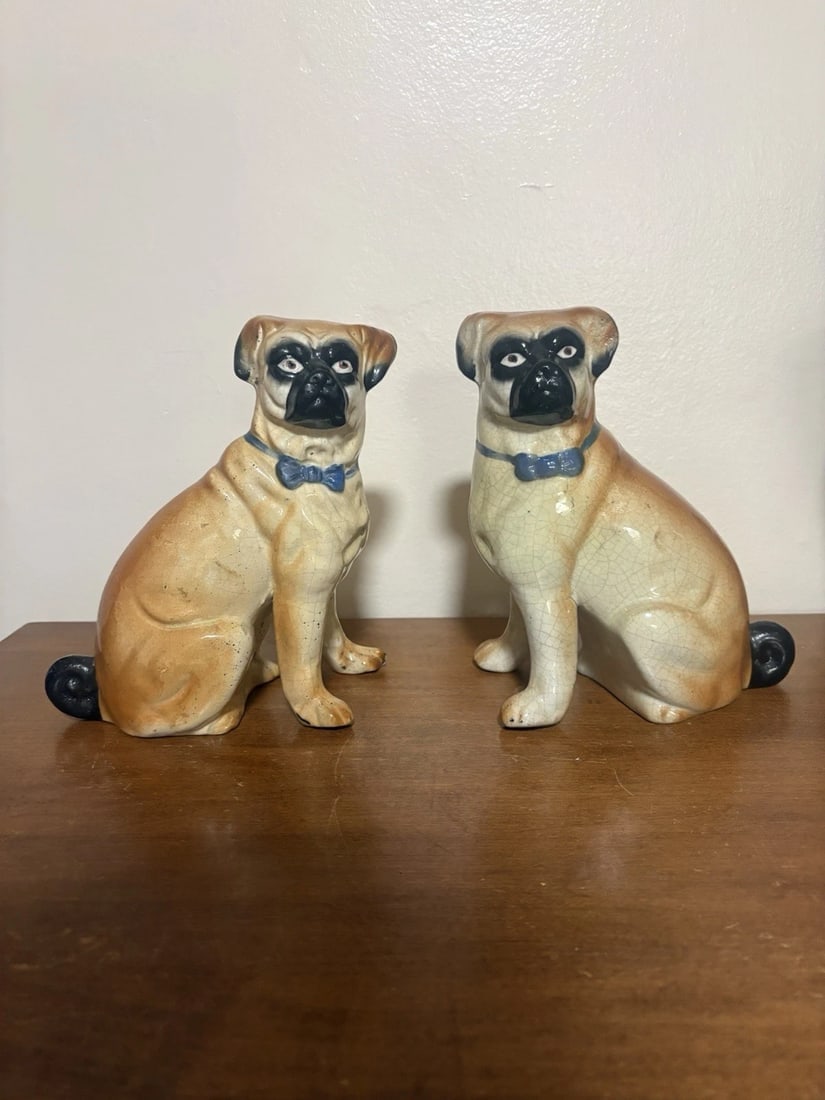 Rare Pr Staffordshire Pug Dogs: They measure 7 1/2” x 6 1/8” x 3 3/4” and date around the 1890’s. One has possibly been touched up on the back of the neck and one had a leg reglued. They both have light wear