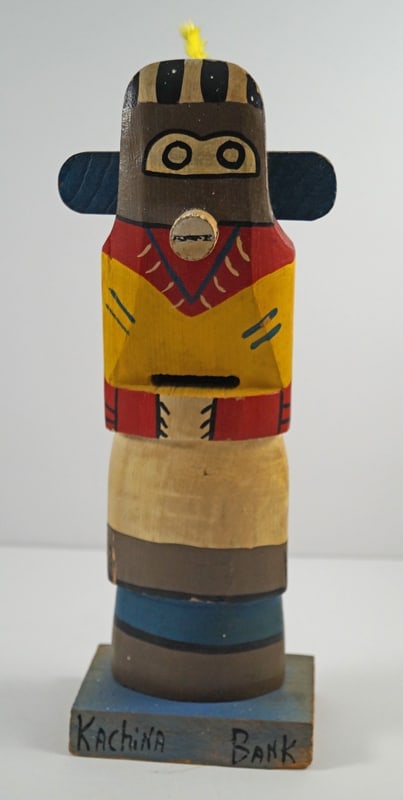 Totem Pole Doll Wooden Antique Still Bank #8: Title: Totem Pole Doll Wooden Antique Still Bank #8Dimension: 12 1/4” tall x 4 7/8” wide x 3” deepDate: Ca. 1940’s – early 50’s.Additional Information: Exceptional