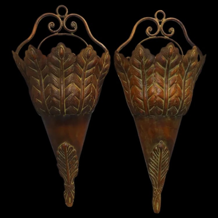 Matched Pair Metal Wall Pockets for Flowers: Pair of vintage-style metal wall pockets with an embossed floral design and wire hangers. Ideal for dried flowers or mail organization. Item ID: ls009693. Shipping:Domestic: Flat-rate of $50.00 to