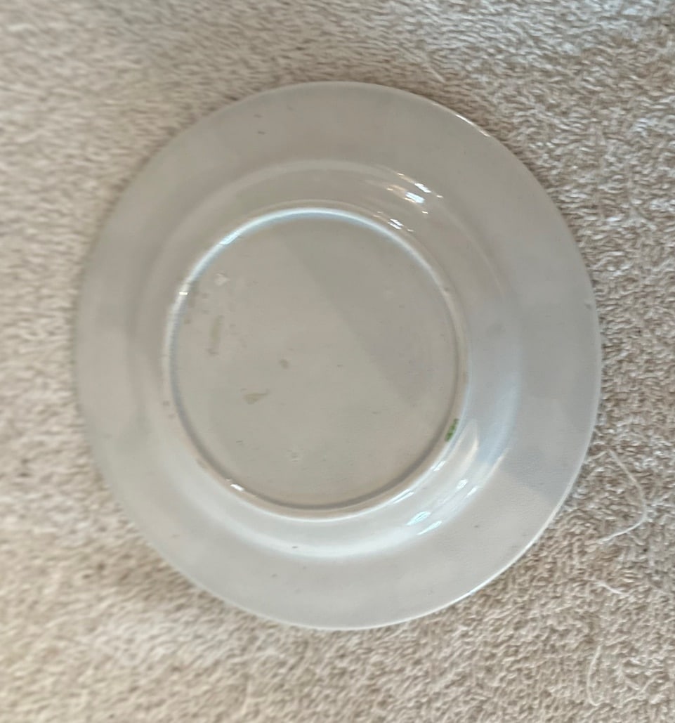 4 Staffordshire Civil War Kids’ Plates: A small collection of 4 Staffordshire Children’s Plates with American Civil War themes. The plates (from top to bottom of the photo, left to right) include: 1) 2 soldiers in hand-to-hand