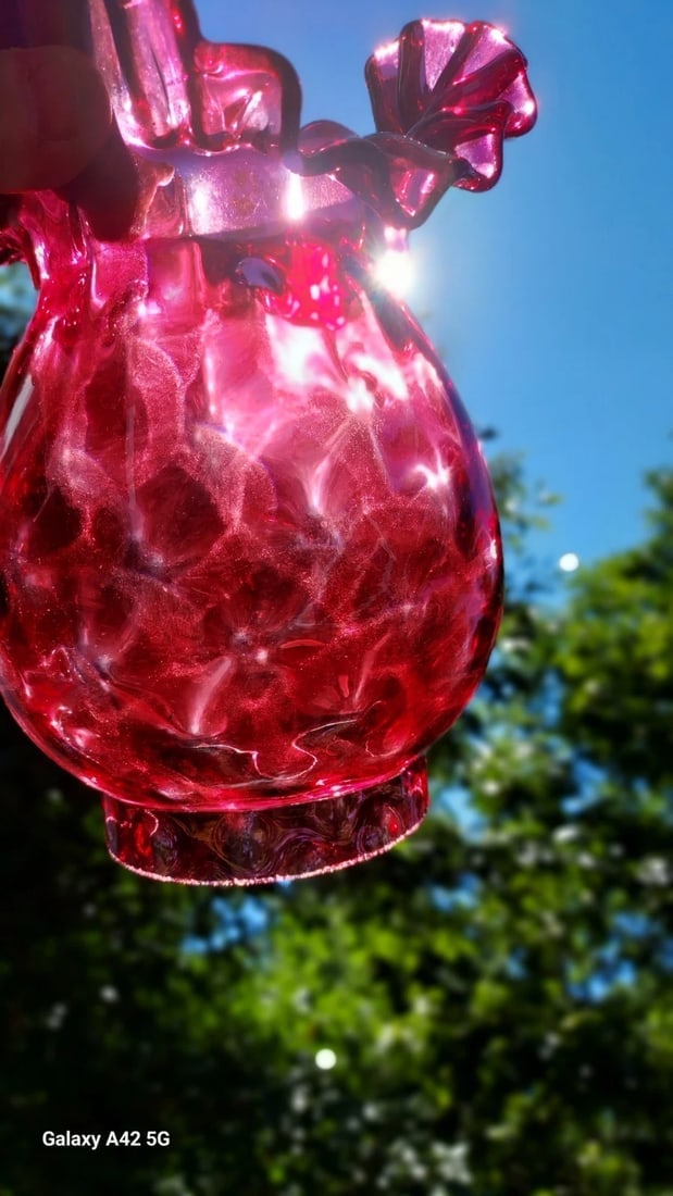 Rare Red Thumbprint oil gas lamp shade art fluted glass Fenton ? - 3