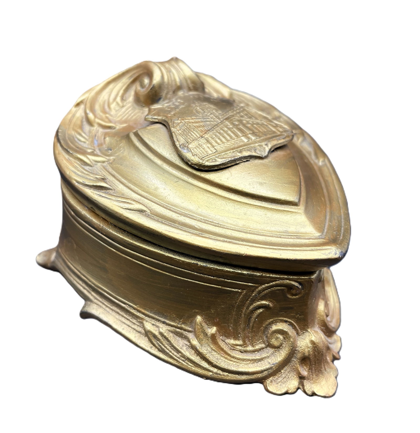 Antique Chicago Post Office Jewelry Casket: Date/Period: UNKNOWNDimension: Approx. 2.5" tall x 3.5 x 3"Material: cast metalAdditional Information: Jewelry casket souvenir of Chicago Ill, Post office. The inside is heart shaped. Retains lining.