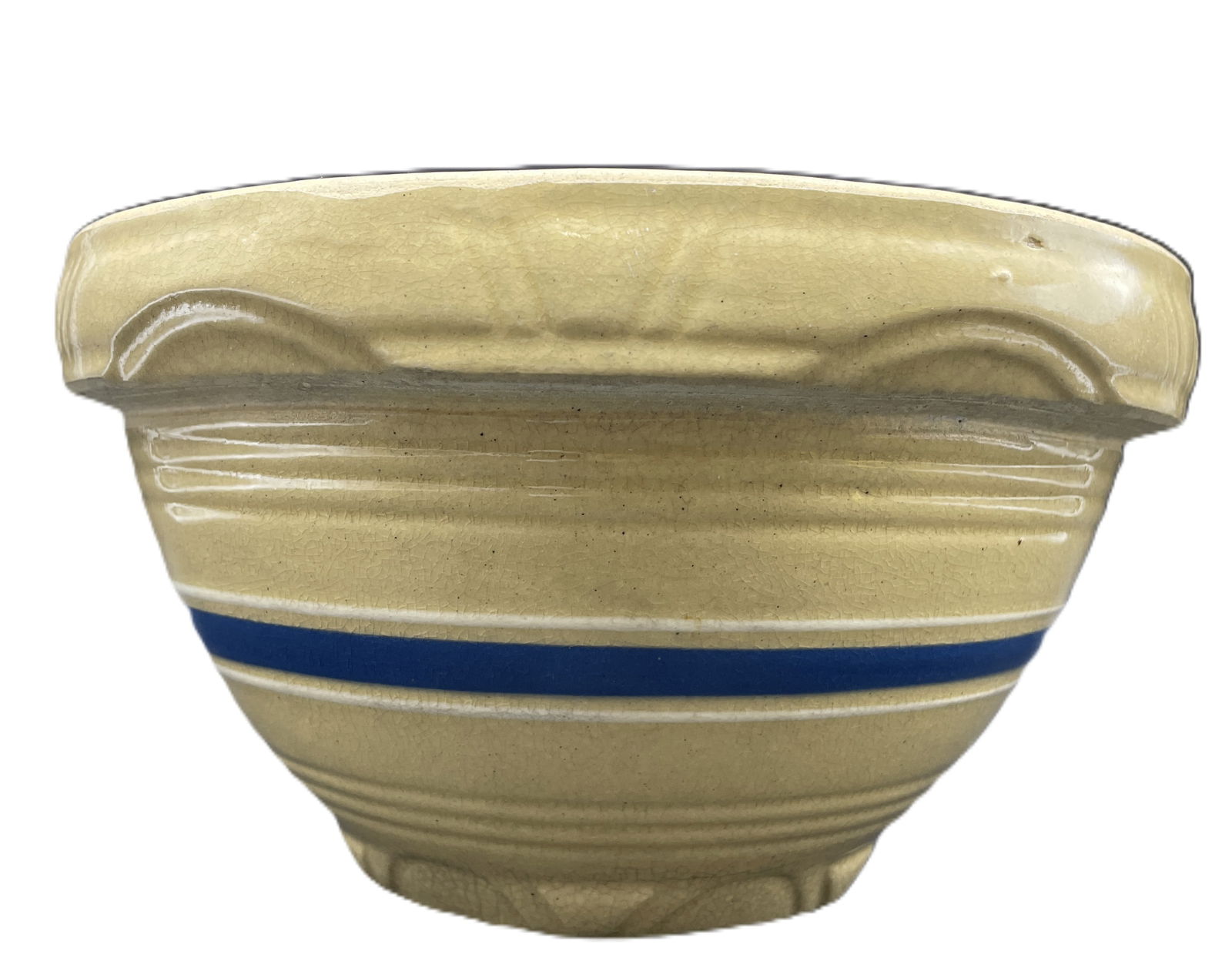 Antique Stoneware Yellowware Blue & White Bands Mixing Bowl Banded Yellow Ware: Date/Period: Approx 1930'sDimension: Approx 8.75" diameter x 4.75"Material: yellowware / yellow wareAdditional Information: Antique Stoneware Yellowware Blue & White Bands Mixing Bowl Banded Yellow