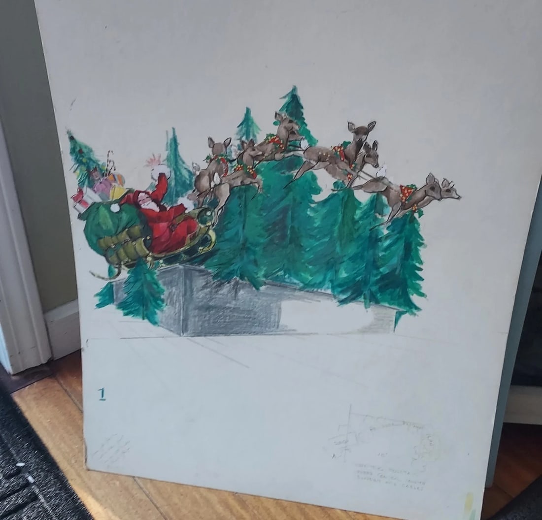 Chistmas Advertising watercolor Storyboard Santa Sleigh Reindeer 1960: Great looking piece in very good condition. Not sure of application. Store front advertising or book. Measures approximately 20 x 30" . Shipping charges include insurance. Shipping:Domestic: