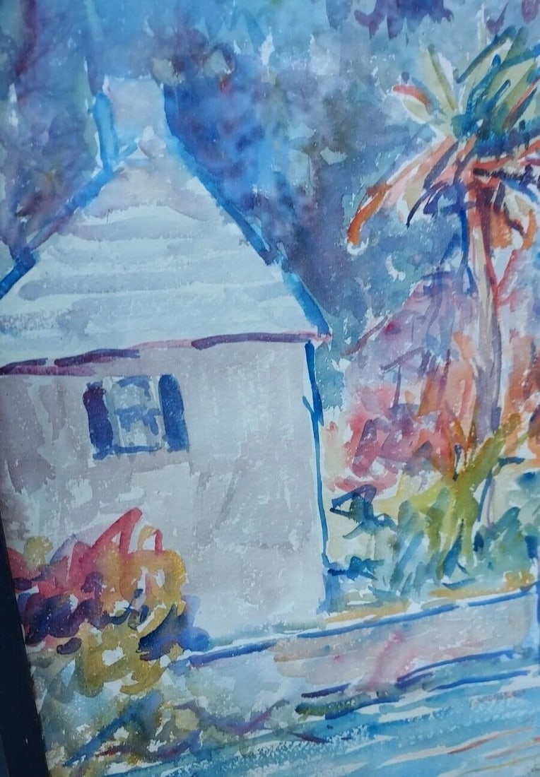 19th century Watercolor scene house Tropical John Eddy Hutchins born 1891 - 2