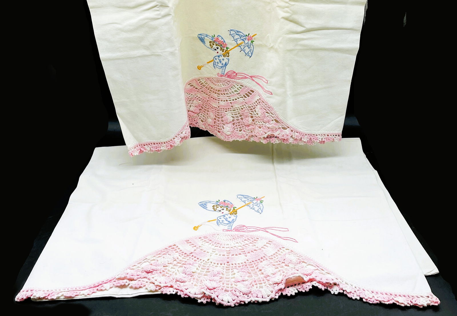 Vintage Pillowcases Handmade Embroidered Victorian GIRL in Pink Dress, Flowers Crochet Trim: Date/Period: Approx 1950's Dimension: Approx 30" x 20.5" each Material: fabric Additional Information: Vintage Pillowcases Handmade Embroidered Victorian GIRL in Pink Dress, Flowers Crochet Trim Shipp
