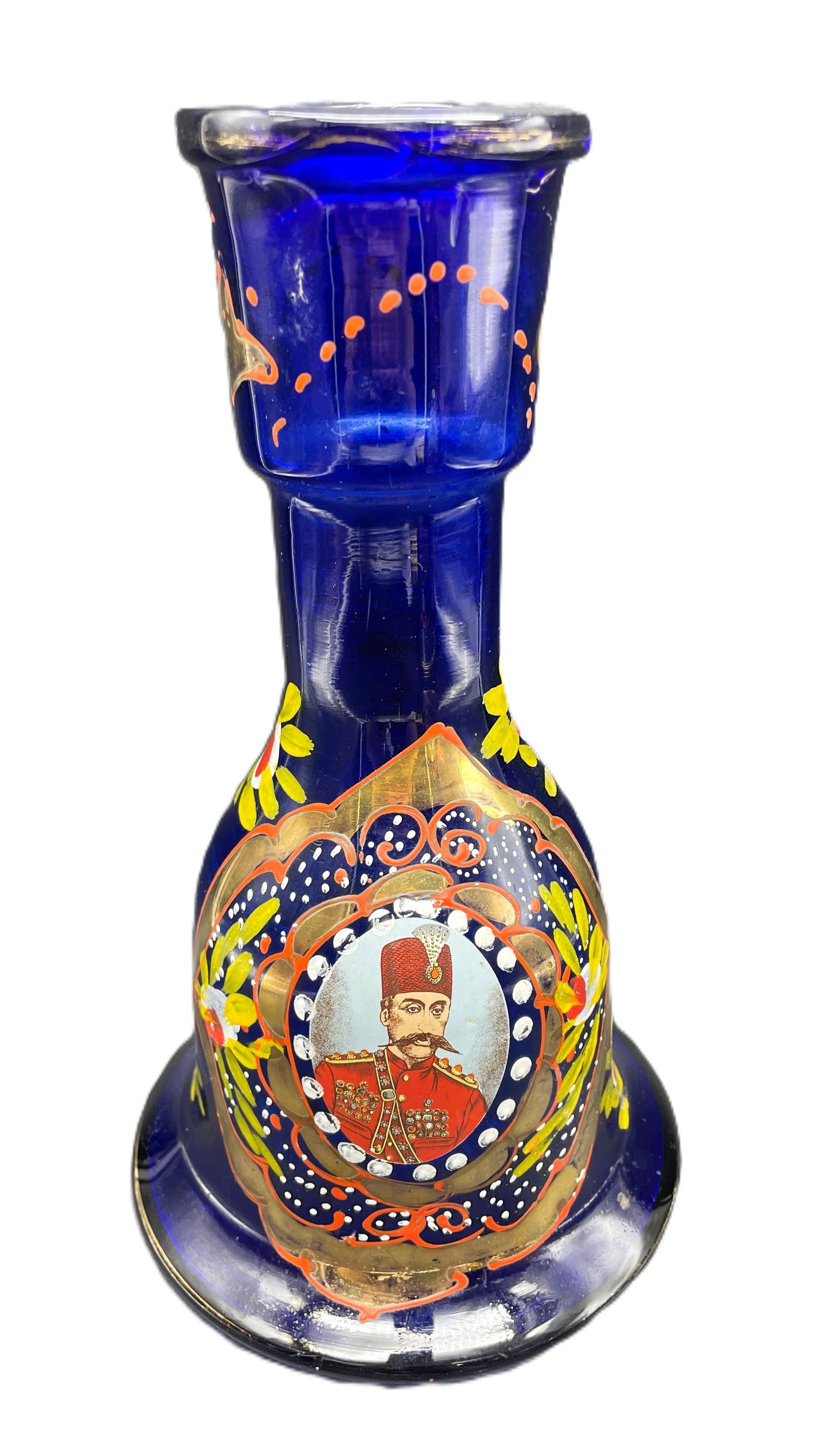 Persian Qajar Cobalt Blue Pipe Hookah Nargileh Shisha Base Glass Vase Naser Shah: Date/Period: unknownDimension: Approx. 10.5" x 6"Material: glassAdditional Information: A beautiful vintage hand crafted glass hookah base with 2 applique medallions of Nasser Al Din Shah