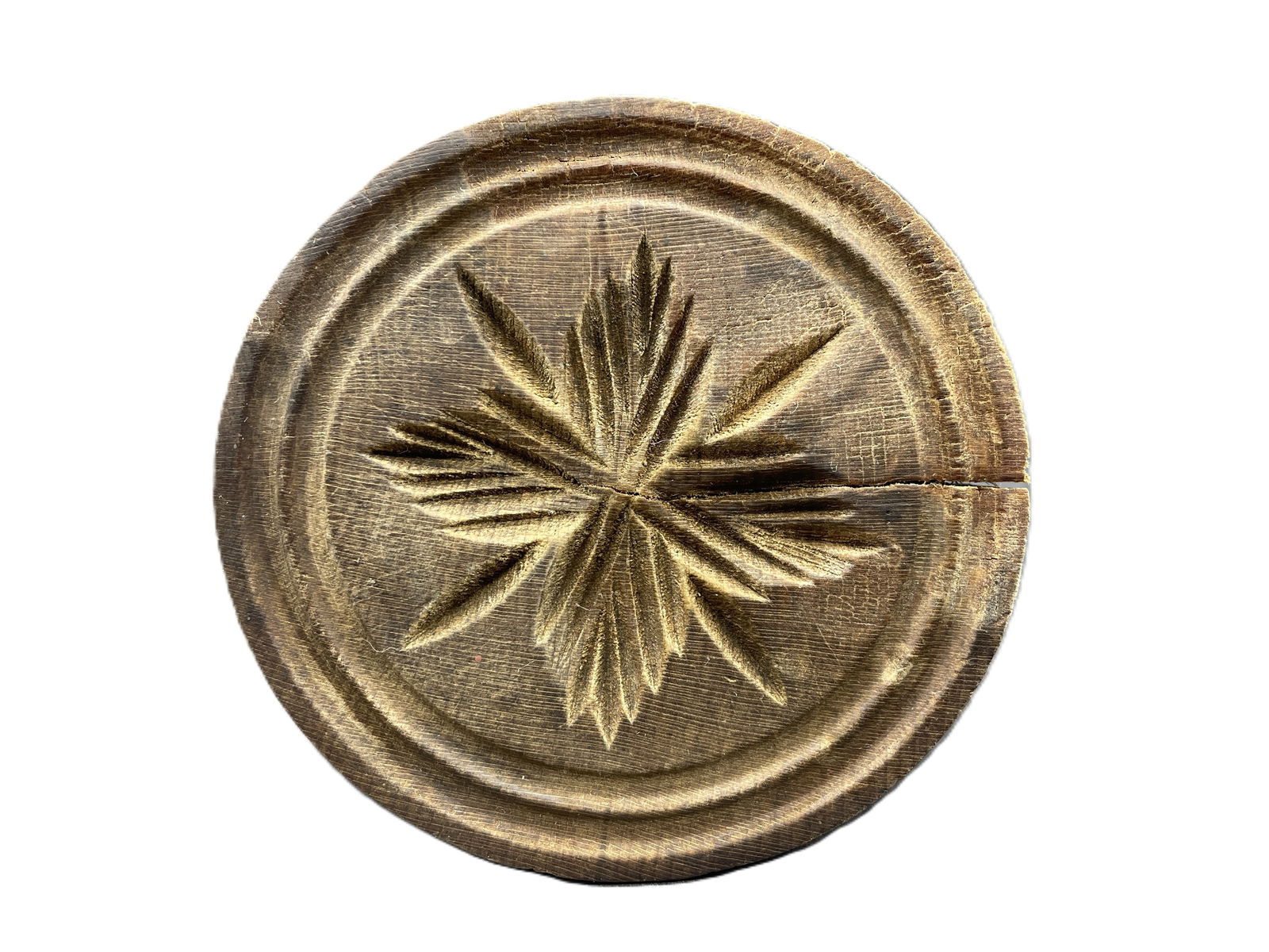 Primitive Wood Carved ~ Snowflake Star Design Butter Print: Date/Period: unknownDimension: Approx. 3.5" diameter, 1" thickMaterial: woodAdditional Information: Primitive Wood Carved ~ Snowflake Star Design Butter Print Shipping:Domestic: Flat-rate of $9.00