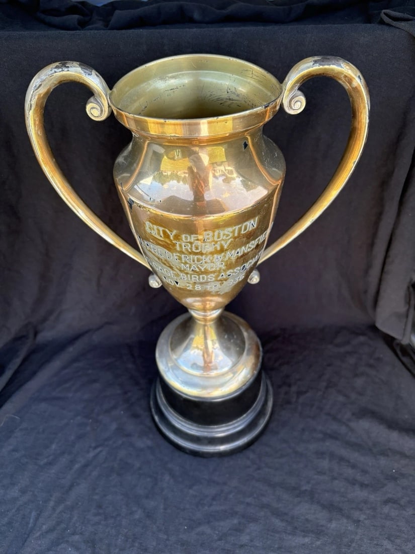 1936 City Of Boston Mass Cage Bird Association Loving Cup Trophy: It is 17” high and is dated 1936. It has wear as shown in the photos Shipping:Domestic: Flat-rate of $15.00 to anywhere within the contiguous U.S.International: Foreign shipping rates are